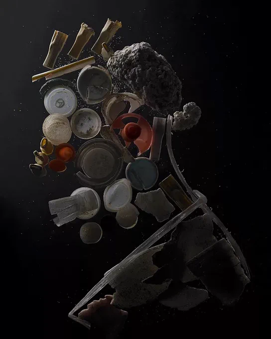 A mixed media collage made up of found materials and arranged to represent a profile of a face. 