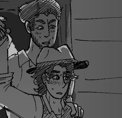 A black and white sketch of Joaquin and Cyrel from Worth Weight in Gold. Cyrel is a short man with long dark hair and earrings wearing a cowboy hat, one hand raised in the air. Joaquin is a taller man standing behind Cyrel, with slicked back dark hair, a beard, and a prominent lip scar. He is holding Cyrel's hand up while both are illuminated by moonlight and both flustered.