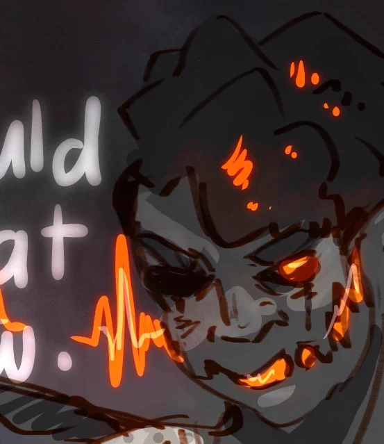 An illustration of Condie from SkillSet. Her eyes are glowing orange, which reflects on her curly dark hair. She has a monstrous expression, her mouth appearing jagged and torn open.