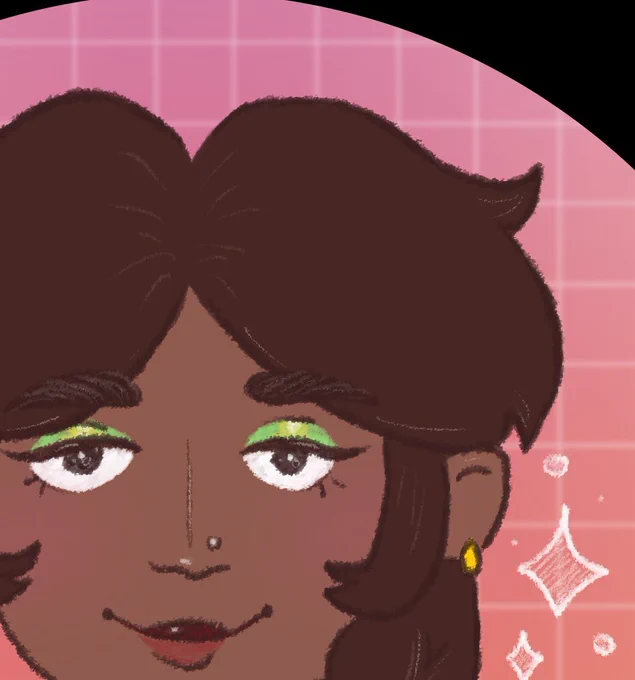 An icon of Lola Sunn from Under the Electric Stars. She is an Indian woman with dark brown hair tied in a braid. She smiles at the camera while wearing green eyeshadow, a nose piercing, and gold earrings. The background is a pink gradient overlaid with a white grid.