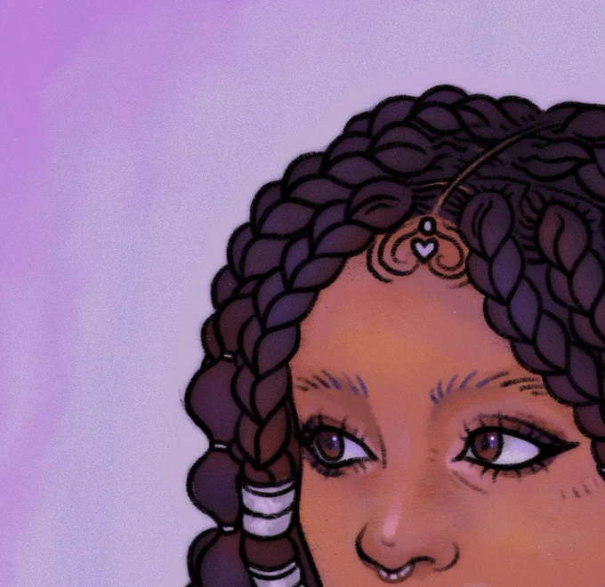 An illustration of Valerie from Spectral Evidence. She's a Black woman with locs, and her baby hairs on her forehead are combed into a heart shape. A small heart shaped piece of jewelry sits in the middle of it. She has wide brown eyes with large eyelashes, a silver nose ring, and silver accesories in her hair. She is on a lavender background.