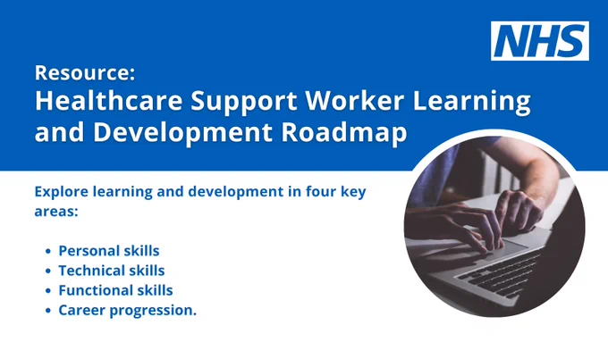 Someone using a laptop with the text: "Resource: Healthcare Support Worker Learning and Development Roadmap. Explore learning and development in four key areas: Personal skills, technical skills, functional skills, career progression."