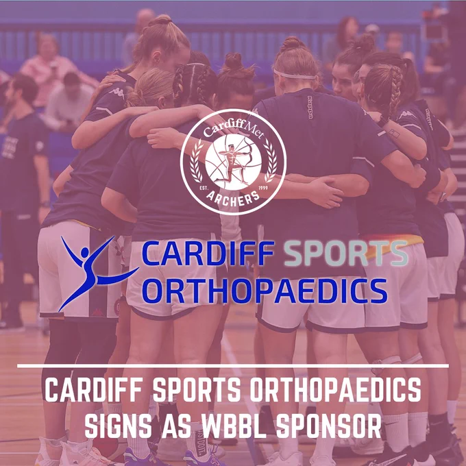The WBBL team huddles together pre-match, with the Archers and Cardiff Sports Orthopaedics logos layered on top, with the caption "Cardiff Sports Orthopaedics signs as WBBL sponsor"