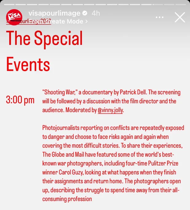 Screengrab of screening time and info for The Globe and Mail’s documentary Shooting War