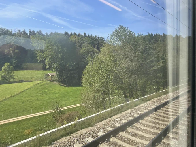 photo showing trees and rails, taken from a train‘s window