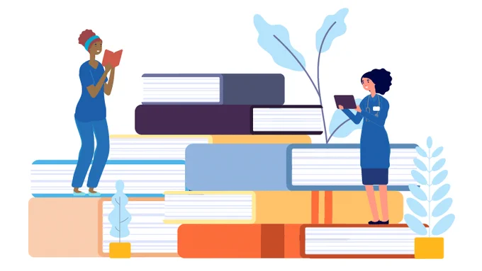 An illustration of two nurses standing on a pile of books reading.