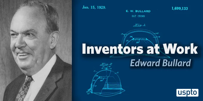 Black and white photo of inventor Edward Bullard with drawings from his patent no. 1,699,133 for a "hat crown" or hard hat covering