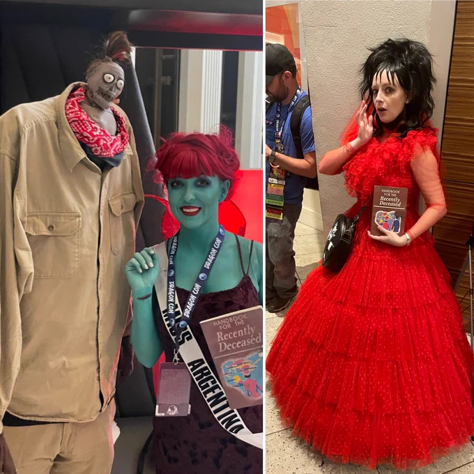 Left to right, a big game hunter with a shrunken head, a green Miss Argentina  holding the Handbook for the Recently Deceased, and Lydia Deetz in her red wedding dress also holding the book.