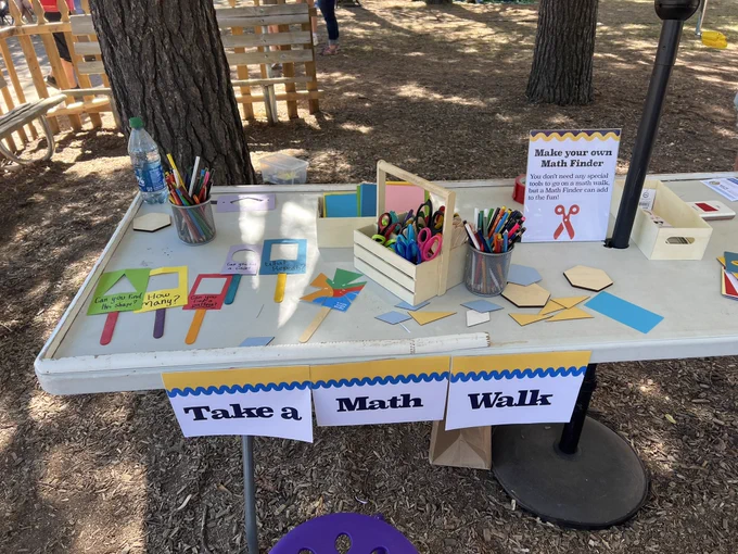 Table with tools for designing frames to look through to promote math noticing on a walk.