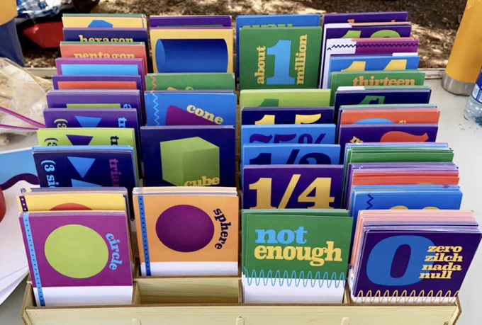 Postcards prompting takers to find a given shape or quantity.