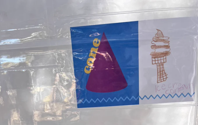 Cone postcard with a drawing of an ice cream cone found on a math walk at the fair.