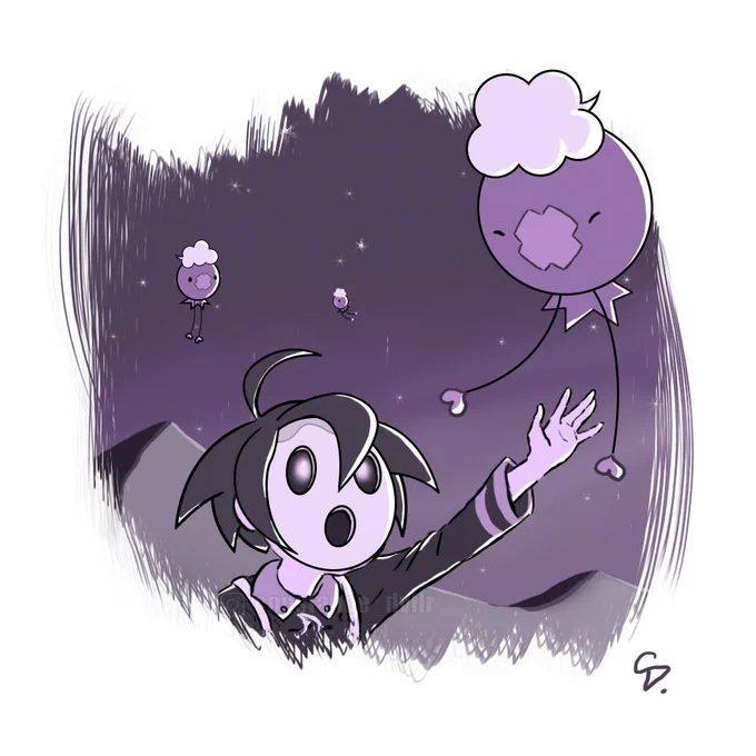 Digital illustration with purple shades. The scene takes place at night outside. It's a Pokémon fanart, a masked boy named Allister is trying to catch the strings of a balloon-like Pokémon, Drifloon. Allister has white skin, black hair and a white mask that has two eye holes and a third mouth hole, his eyes are glowing. His left arm is raised. Two other Drifloon are in the background. Mountains are far behind and there are no clouds in the sky.

translated from French with DeepL