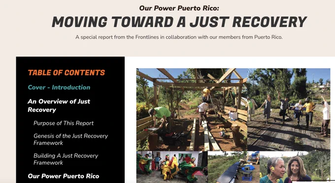 Screenshot of the report webpage with the title "Moving Toward a Just Recovery" and a photo collage from the brigade to Puerto Rico after Hurricane Maria.