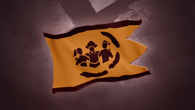 A brown flag showing a silhouette of three pirates hugging. There are three notches highlighted around the edge, where there is space for five.