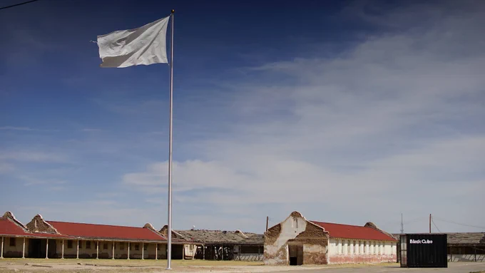 Adriana Corral
Unearthed: Desenterrado, 2018
Site-specific, stainless-steel flagpole and embroidered golden and bald eagle white cotton flag
Installed, flagpole, 60 feet; flag, 18 x 30 feet
Installation view, Rio Vista Processing Center, Socorro, Texas, 2018
