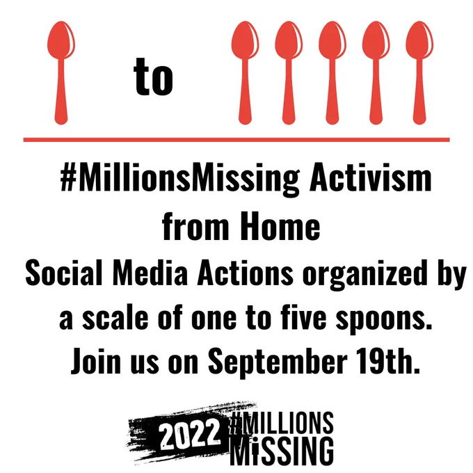 #MillionsMissing Activism from Home Social Media Actions organized by a scale of one to five spoons. Join us on September 19th. (Graphic of 1 red spoon to 5 red spoons)