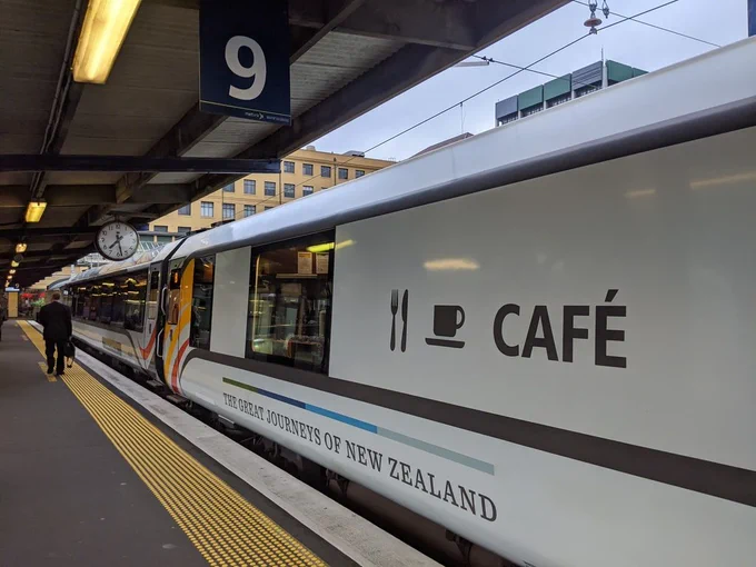 Café car of Northern Explorer train about to leave Wellington for Auckland