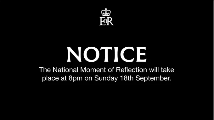 Image of white text on black background. Text states "Notice. The national moment of reflection will take place at 8pm on Sunday 18th December.