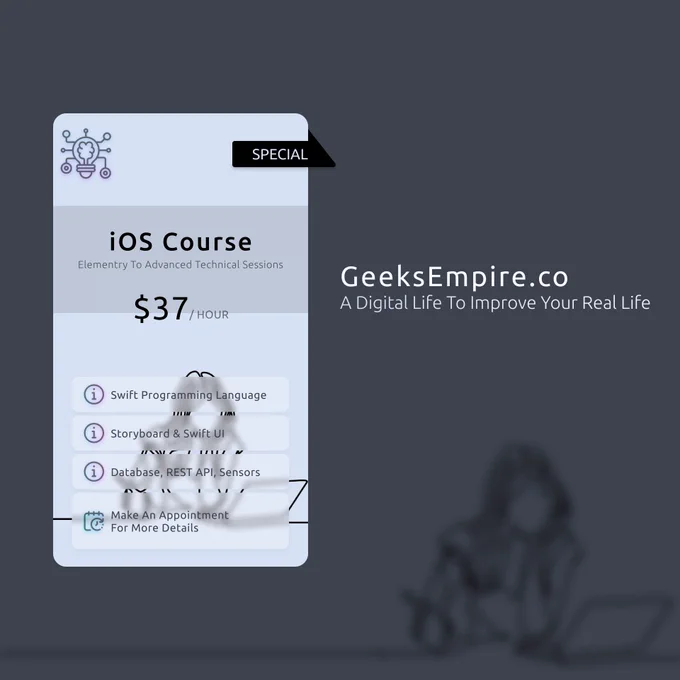➡️ Private iOS Course
Basic to Advanced of Swift Programming Language & iOS APIs & Modern Design Languages
https://GeeksEmpire.co/OnlineCourseApeCourseAppointment 

#iOSCourse #iOSDevelopment
#Tutorial #OnlineClass #Programming 