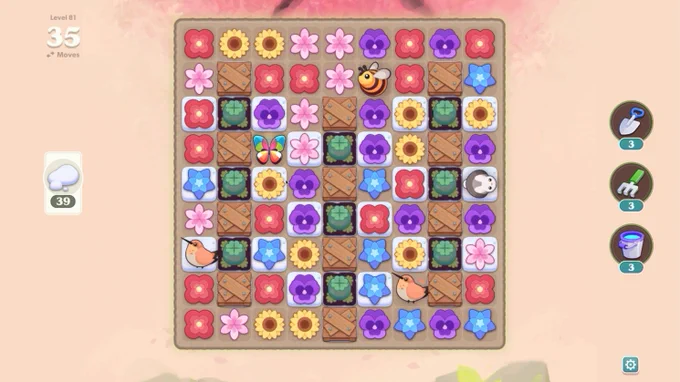 A screenshot of Garden Tails: Match and Grow showing a variety of different tiles to swap on a pink background.