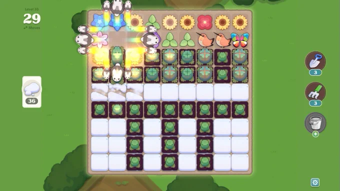 A screenshot of Garden Tails: Match and Grow showing a green garden level.