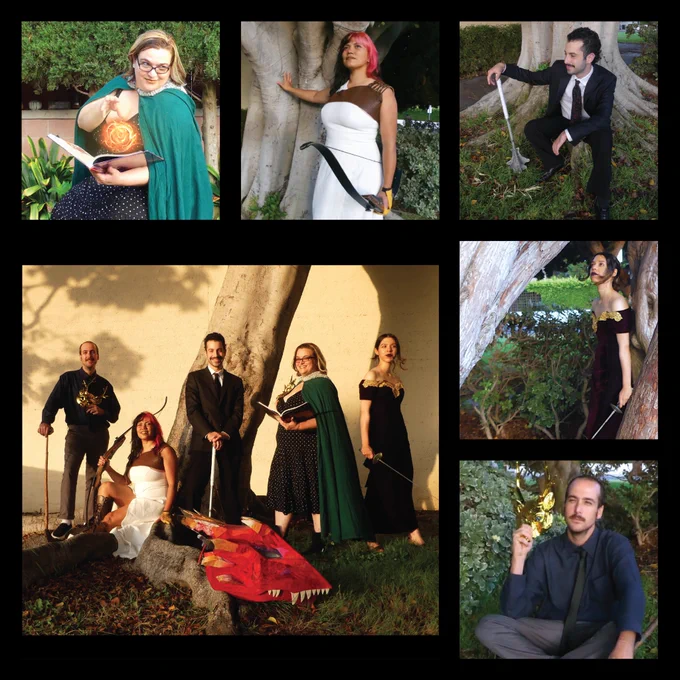 collage of group photo and individuals with fireball, bow, mace, sword, and deer mask