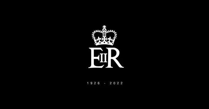 White text on black background. Abbreviation of Elizabeth II Regina.; the royal cypher of Queen Elizabeth II of the United Kingdom. 1926-2022.