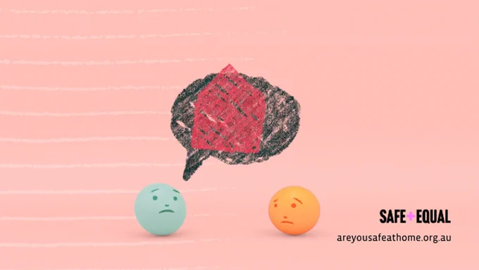 Image description: illustration of two characters talking. A house is drawn in red, representing issues at home. 