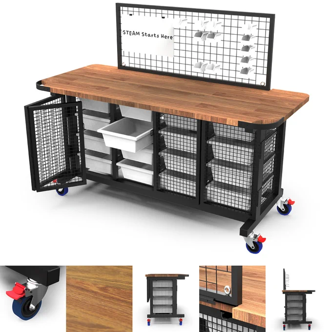 Beparta's BESTRUCT Workbench, on wheels, with lockable tray storage underneath and a mesh flip frame that can be flipped up to attach tools or small items. The black mesh of the flip frame and storage enclosure and the thick wood are the most noticeable aspects of the workbench. The internal trays are white. Close up images show double tap castors, the grain of the timber workbench, the hinge & bolt mechanism and the flip frame in the up and the down positions.