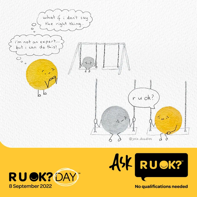 A cartoon of a person looking at their friend who is sitting alone on a swing set. The person thinks, 'what if I don't say the right thing. They then tell themselves, 'I'm not an expert but I can do this!'. They join their friend on the swing set and ask them R U OK?