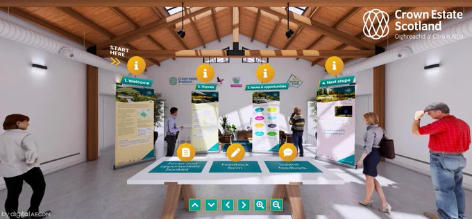 A view of the virtual exhibition room for the Glenlivet Estate 2050, which contains digital versions of all the displays, reference booklets and feedback forms available at the IRL drop-in sessions. 