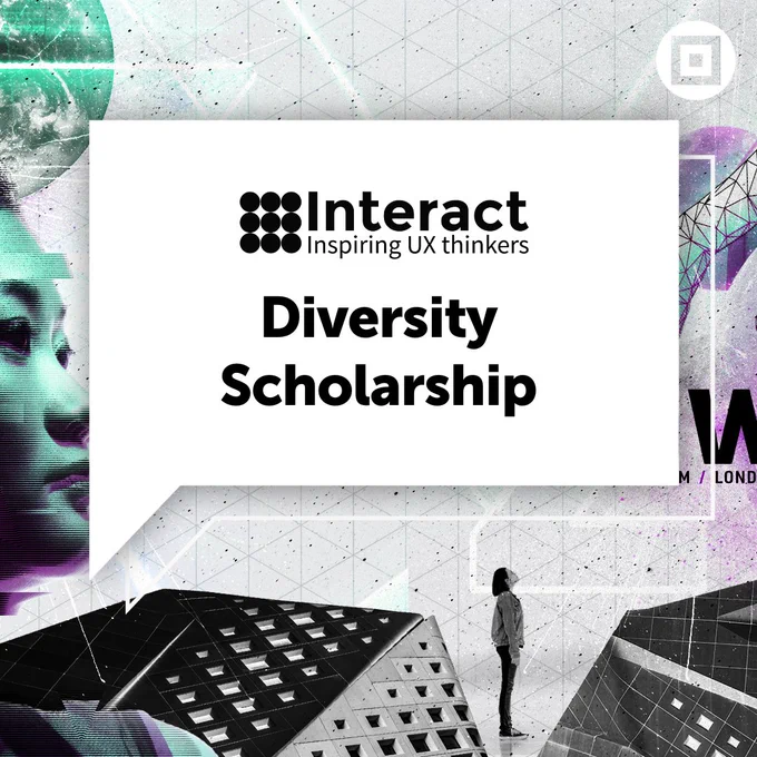 'Interact London logo and Diversity Scholarship' in a speech bubble overlayed against a futuristic background featuring a woman's face
