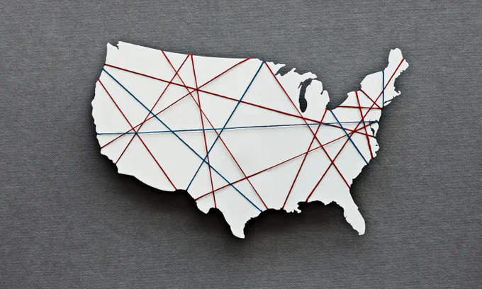 A map of the U.S. with red and blue lines criss-crossing it.