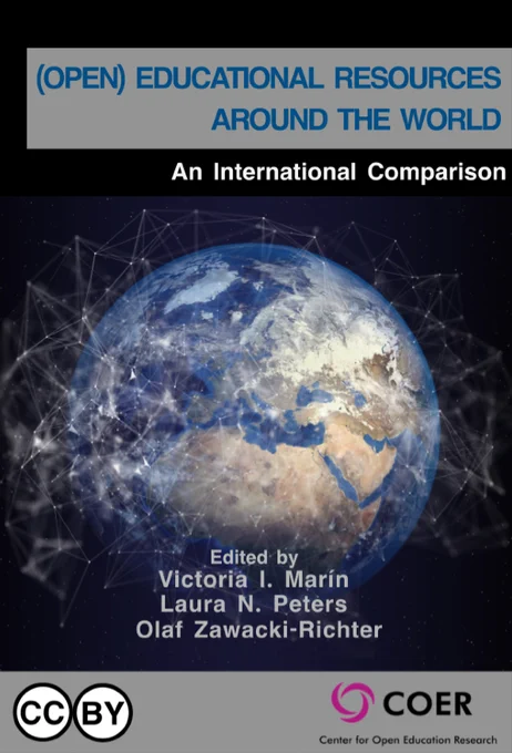 Images shows the cover of the newly published eBook "(Open) Educational Resources Around the World: An International Comparison". The Cover contains the title at the top and a photo of a satelite image of the earth, with a network of connected lines around. In the bottom there is the logo of the Center for Open Education Research (COER) and a visual reference to the creative commons 4.0 international license: CC-BY, referring to the three Editors Victoria I. Marin, Olaf Zawacki-Richter and Laura N. Peters. 