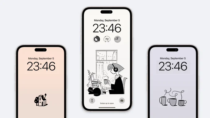 Three iPhone 14 Pros are displayed against a light blue background. Each displays a different wallpaper featuring a Notion-style illustration: on the left is an orange wallpaper with a house, in the middle is a cream wallpaper with a girl on her computer, and on the right is a purple wallpaper with three coffee cups.