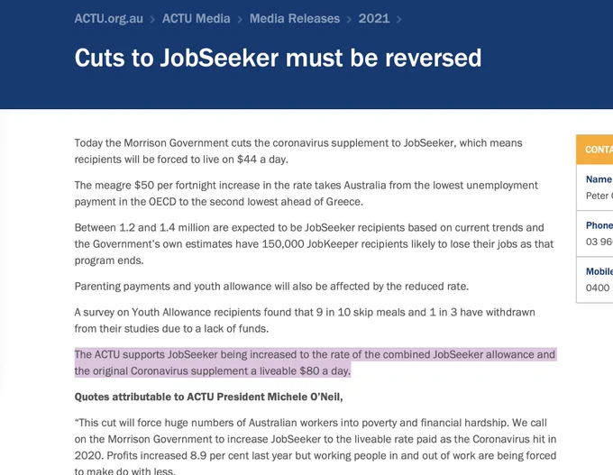 Screencap of 2021 ACTU media released. The highlighted text says "The ACTU supports JobSeeker being increased to the rate of the combined JobSeeker allowance and the original Coronavirus supplement a liveable $80 a day." 