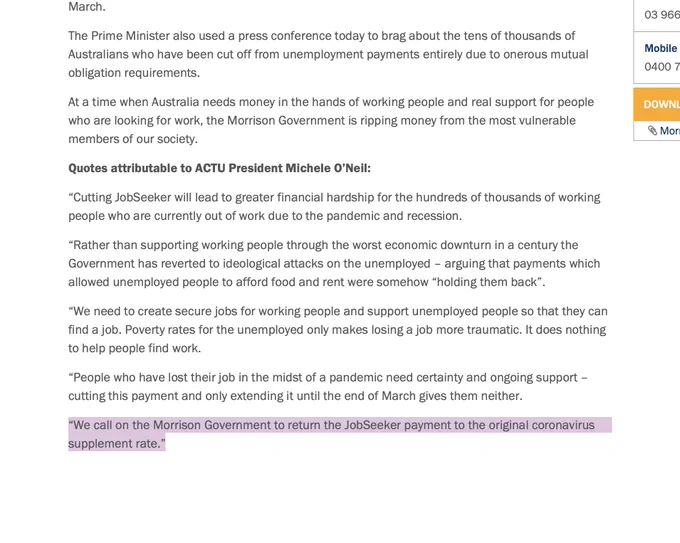 Screencap of ACTU media release from 2020. The highlighted text says ""We call on the Morrison Government to return the JobSeeker payment to the original coronavirus supplement rate.""