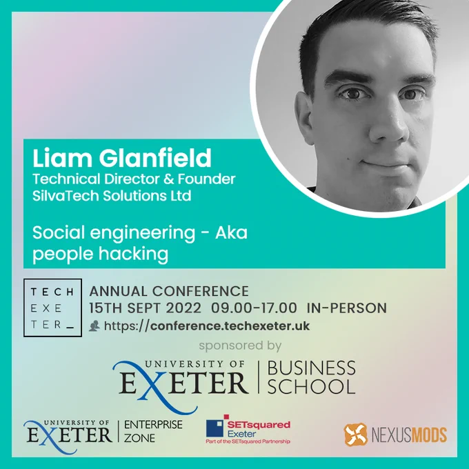 Card showing Liam Glanfield and details of his talk as per the tweet text.