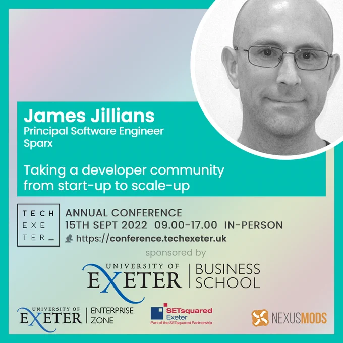 Card showing James Jillians and details of his talk as per the tweet text.