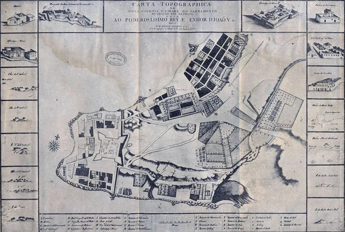 Diogo Soares, "Carta Topographica da Colônia do Sacramento" (1731), Mapoteca do Arquivo Histórico do Exército Brasileiro - Seção Colonia do Sacramento reproduced in Augusto Tasso Fragoso "A Batalha do Passo do Rosário" (1951) https://commons.wikimedia.org/wiki/File:Colonia_do_Sacramento_1731.jpg
