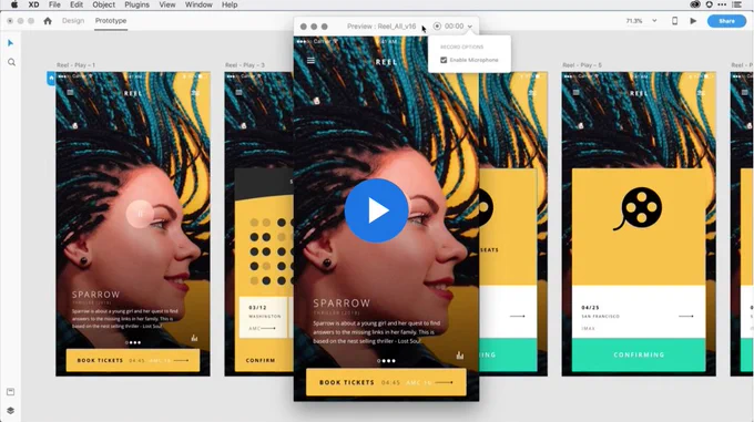 A screenshot of Adobe XD that demonstrates how, in prototype mode, you can click on the desktop preview icon in the upper right hand corner. In the preview a box on the right is ticked that allows you to enable the microphone.  