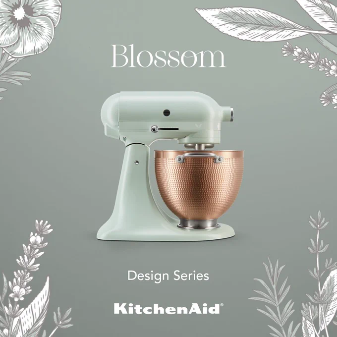 The new Blossom Design Series Stand Mixer is unveiled using an illustration of beautiful flowers and blossoms