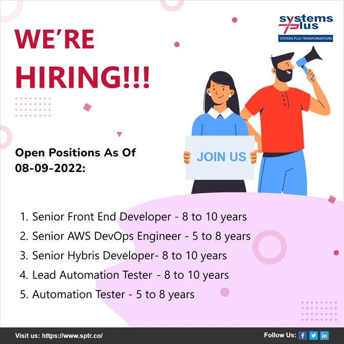 𝐖𝐞 𝐚𝐫𝐞 𝐡𝐢𝐫𝐢𝐧𝐠 𝐟𝐨𝐫 𝐦𝐮𝐥𝐭𝐢𝐩𝐥𝐞 𝐩𝐨𝐬𝐢𝐭𝐢𝐨𝐧𝐬 - https://lnkd.in/ez5dfnk



#Hiring #SeniorPythonDeveloper #AWS #AWSDeveloper #Hybris #FullStackDeveloper #AutomationTester #Jobs #OpeningsAtSPTR #SystemsPlusTransformations