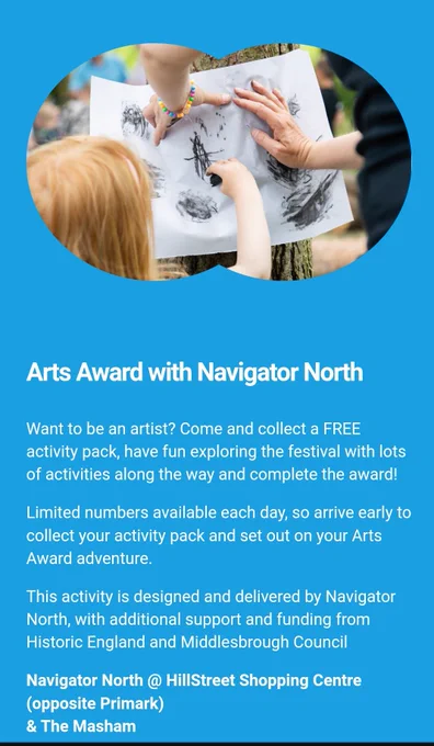 Image shows the back of a child's head. The child is taking rubbings from tree bark, being helped by an adult holding the paper. Text is about the free Arts Award opportunity with Navigator North. Come to the Hill Street Shopping Centre, opposite Primark to get an activity pack.