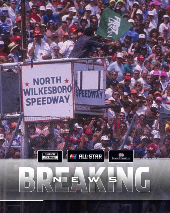 An imagine of the North Wilkesboro Speedway flag stand with a breaking news graphic overlayed