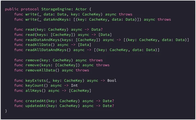 A code snippet demonstrating the StorageEngine protocol