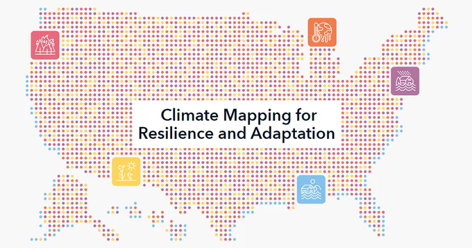 Multi colored dots make up the entirety of the United States with icons in locations highlighting climate hazards. This is the main image for the Climate Mapping for Resilience and Adaptation portal