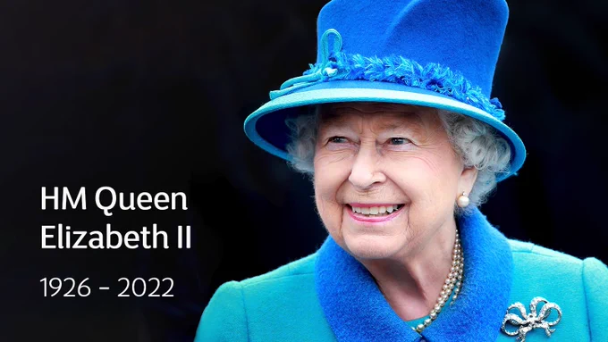 The image shows a photograph of HM Queen Elizabeth II and the caption that reads HM Queen Elizabeth II 1926 - 2022