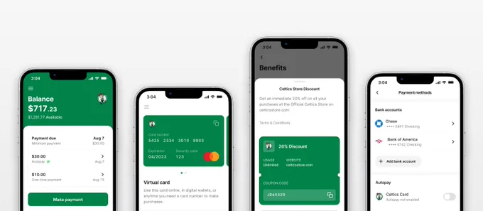 Various views from the Cardless mobile app. Left to right: homepage where people can see their balance, make payments, and see recent activity; The Card tab lets people view their card number; Coupon codes can viewed and redeemed in our app; and lastly we're showing UI for payment methods and linked bank accounts