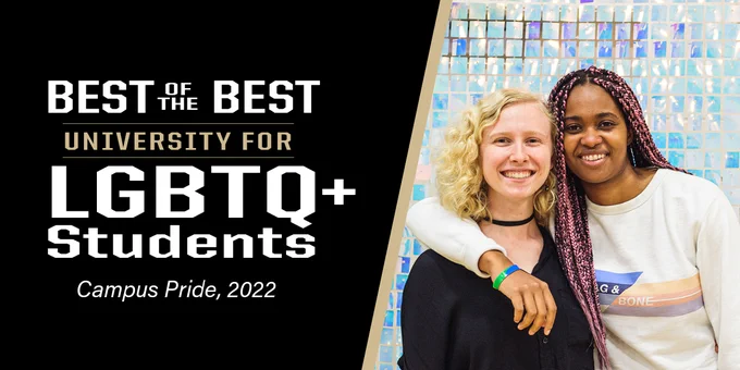 Two Purdue students posing for a photo. Graphic reads: Best of the Best University for LGBTQ  Students Campus Pride, 2022